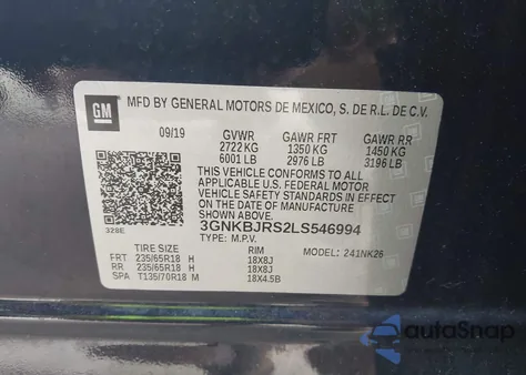 2020 Chevrolet Blazer Awd 3Lt из США, поврежденный, VIN 3GNKBJRS2LS546994